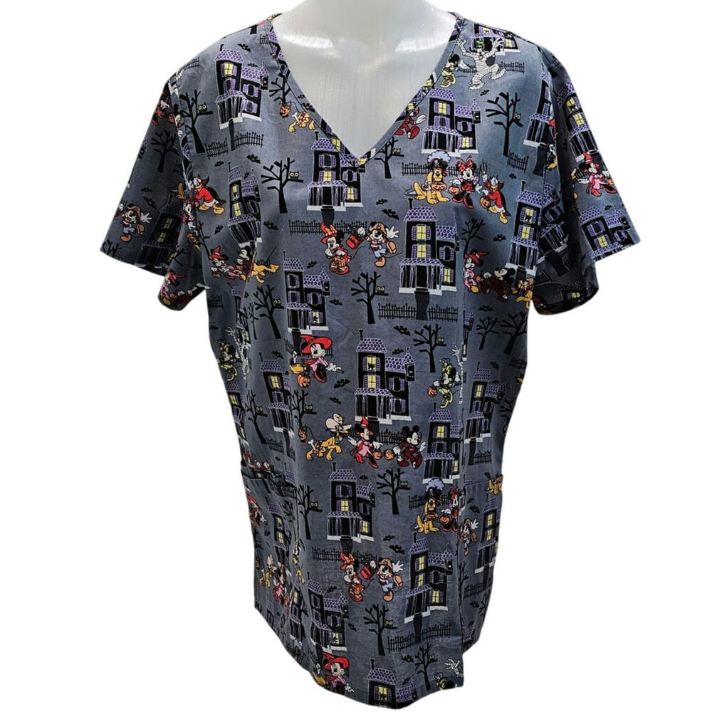 Disney Halloween Scrub Top Sz L Mickey Minnie Donald Pluto Haunted House Spooky